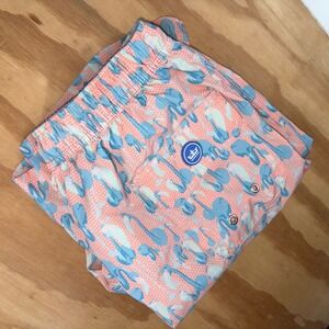 Peter Millar Seaside Swim Trunks Small Peach All Over Flamingo Print